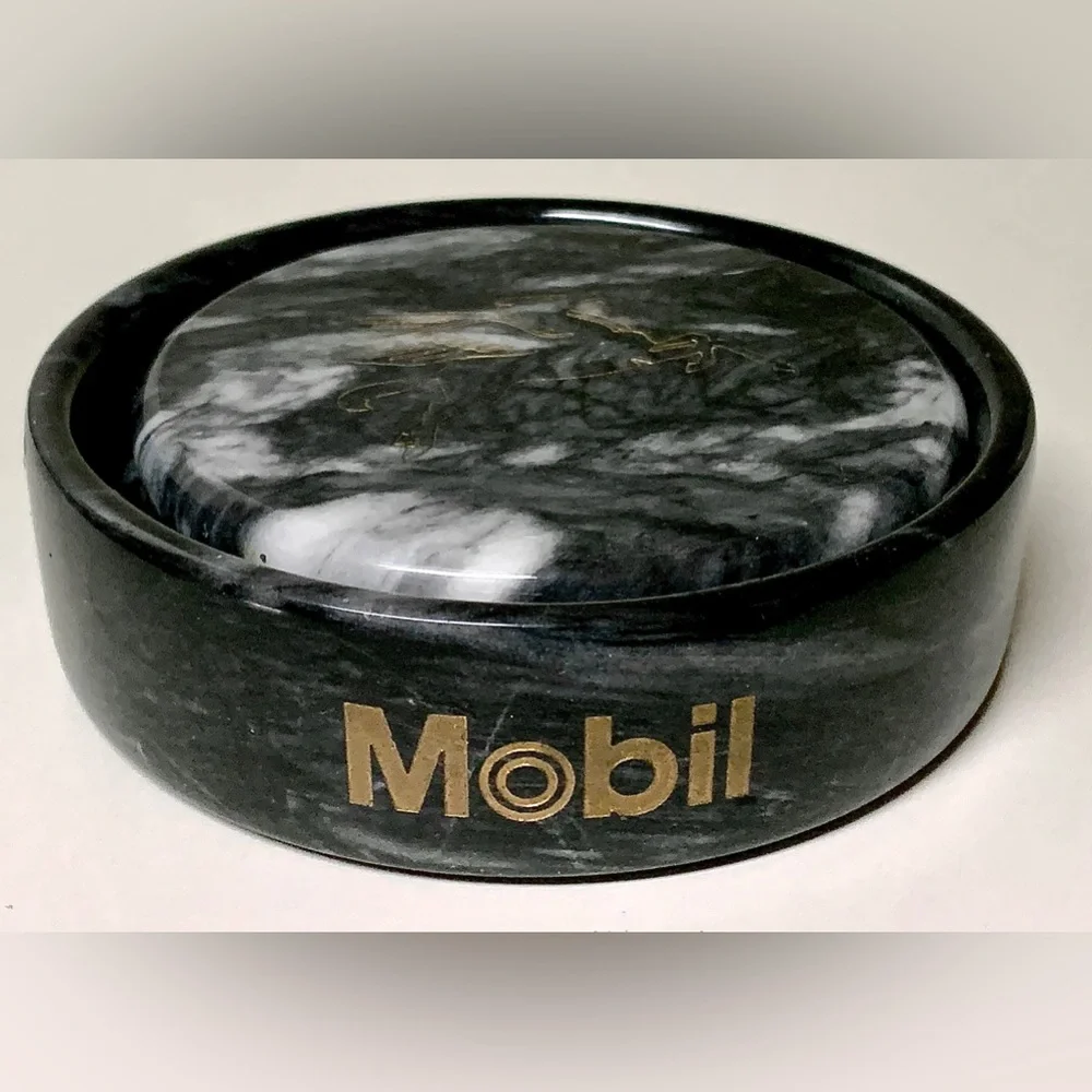 Vintage Executive Set of 2 Black Marble MOBIL Pegasus Logo Drink Coasters